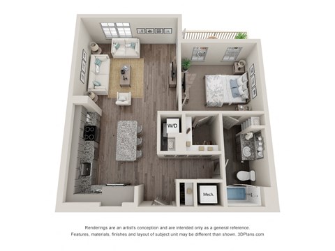 Floor plan for 1 bed, 1 bath, 826 sqft